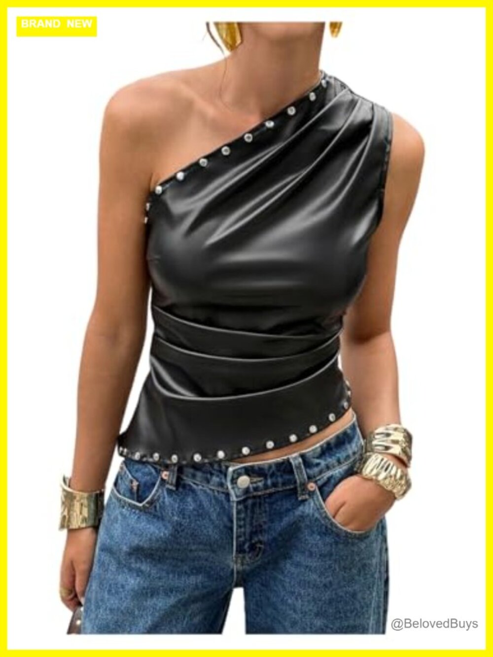 Faux Leather One Shoulder Night Out Club Top Y2K Asymmetrical Hem
